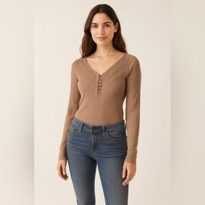 Lucky Brand Lace Trim Thermal Henley Top Brown Long Sleeve Size Medium